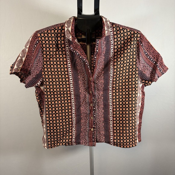 Rachel Zoe Tops - Rachel Zoe Medium 100% Linen Boho Aztec Short Sleeve Button Up Blouse Indie Top